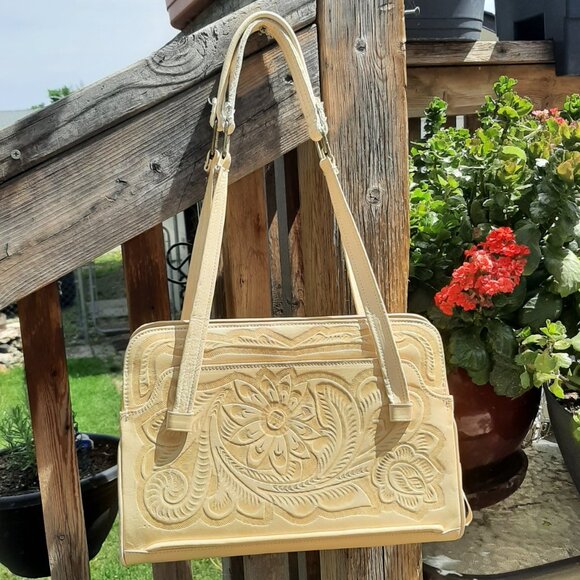 VINTAGE Hand Tooled Mexican Leather Purse Handbag Tan Floral 11" x 8" x 5" - Picture 6 of 16